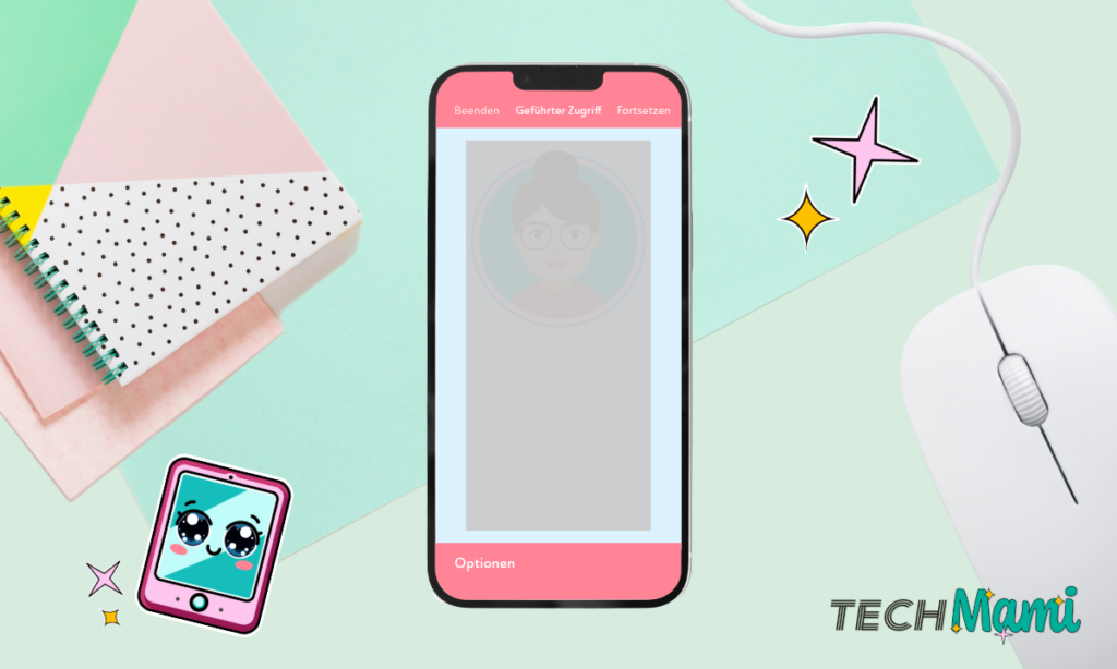 Ein Smartphone im Hochformat, eingebettet in ein farbenfrohes Flat-Lay-Design im Querformat. Das Display zeigt eine benutzerfreundliche Ansicht mit der Option 'Geführter Zugriff'. Die grafischen Elemente spiegeln das lebendige Branding von TechMami wider, inklusive eines niedlichen Tablet-Icons und dekorativer Büroartikel, die harmonisch um das Gerät angeordnet sind.