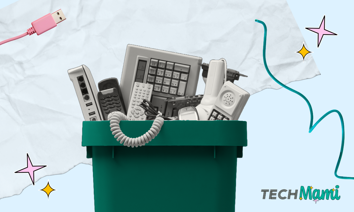 Alte Elektronikgeräte wie Telefone und Computer stapeln sich in einem grünen Recyclingbehälter, symbolisch für die Notwendigkeit, Elektronik verantwortungsbewusst zu entsorgen.