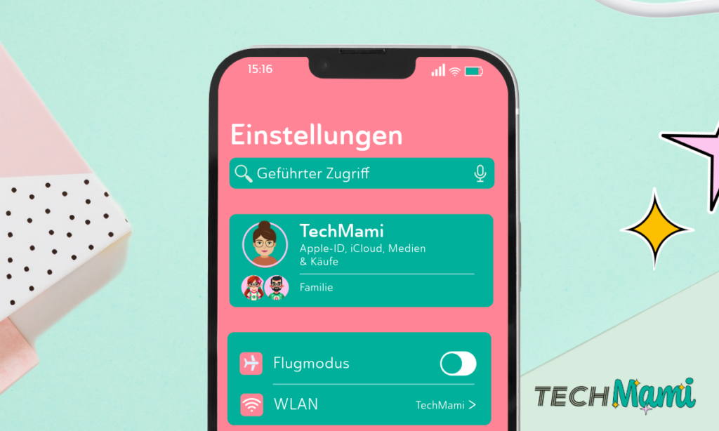 Screenshot eines Smartphone-Bildschirms, der die Einstellungen in einem rosa Design zeigt. Das Suchfeld oben auf dem Bildschirm ist fokussiert und zeigt den eingegebenen Text 'Geführter Zugriff'. Darunter sind verschiedene Menüpunkte wie 'TechMami Apple-ID, iCloud, Medien & Käufe' und 'Familie' zu sehen. Das Bild dient dazu, den ersten Schritt zur Aktivierung des geführten Zugriffs über die Suche zu verdeutlichen, gestaltet in der TechMami-Farbpallette mit dekorativen Elementen.