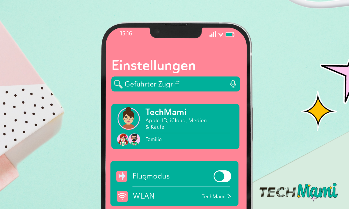 Screenshot eines Smartphone-Bildschirms, der die Einstellungen in einem rosa Design zeigt. Das Suchfeld oben auf dem Bildschirm ist fokussiert und zeigt den eingegebenen Text 'Geführter Zugriff'. Darunter sind verschiedene Menüpunkte wie 'TechMami Apple-ID, iCloud, Medien & Käufe' und 'Familie' zu sehen. Das Bild dient dazu, den ersten Schritt zur Aktivierung des geführten Zugriffs über die Suche zu verdeutlichen, gestaltet in der TechMami-Farbpallette mit dekorativen Elementen.