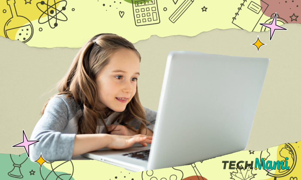 Ein Mädchen sitzt konzentriert vor einem Laptop und lächelt. Der Hintergrund ist farbenfroh gestaltet mit Bildungssymbolen wie Reagenzgläsern, Taschenrechnern und Büchern. Das TechMami-Logo ist in der unteren Ecke des Bildes platziert.